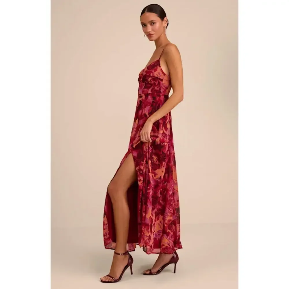 Lulus Beautiful Soul Burgundy Floral Print Twist-Front Maxi Dress S - Picture 4 of 10